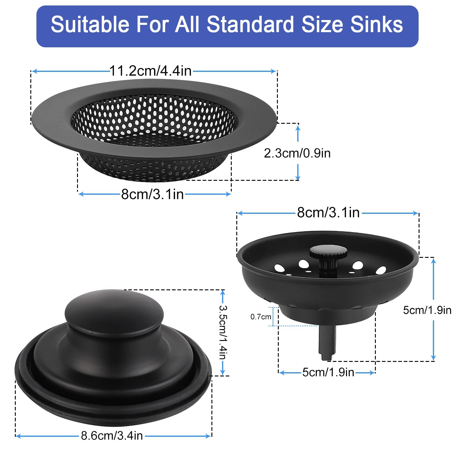 3 Pack of Kitchen Sink Stopper Strainer, Upgraded Sink Basket Strainer Set, Universal Anti-Clogging Sink Drain Strainer, Stainless Steel Kitchen Sink Drain Filter Sieve (Black)