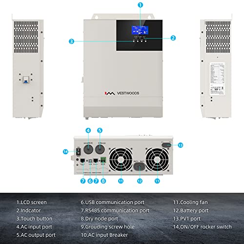 VESTWOODS 48V 5000W Hybrid Solar Inverter 48V DC to AC 110V Pure Sine Wave Off-Grid LED Inverter, 80A MPPT Solar Charge Controller, Max 500V PV Input for 48V Lead Acid or Lithium Battery