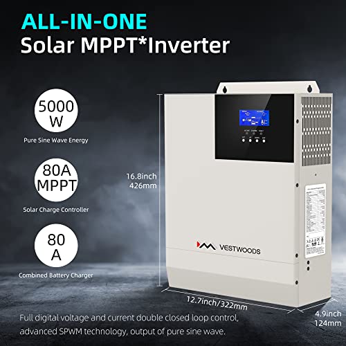 VESTWOODS 48V 5000W Hybrid Solar Inverter 48V DC to AC 110V Pure Sine Wave Off-Grid LED Inverter, 80A MPPT Solar Charge Controller, Max 500V PV Input for 48V Lead Acid or Lithium Battery