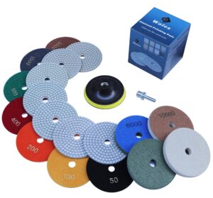 waies 11 packs 4 inch diamond polishing pads with 5/8"-11 backer pad 9 pcs wet/dry polish pad kit for drill grinder polisher 50-10000 grit pads for marble tile quartz granite concrete countertop