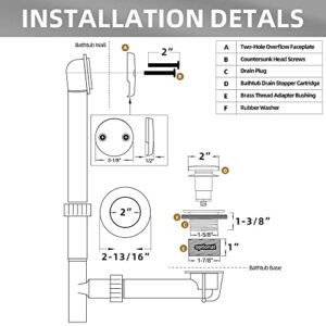 EXAKEY Tub Drain - Tip Toe Bathtub Drain Kit with Two-Hole Overflow Faceplate, Bath Tub Drain with Universal Fine Thread & Coarse Brass Thread Bushing Assembly Anti-Rust Matte Black