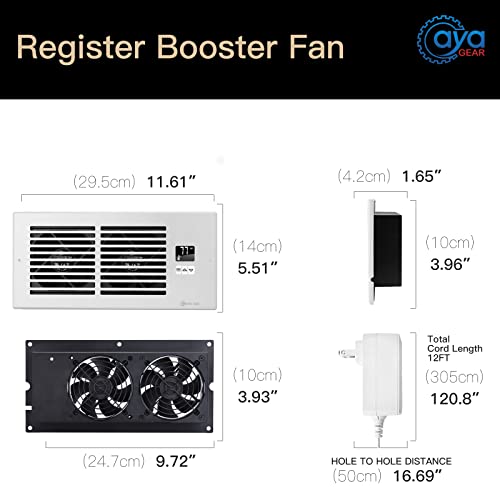 AyA Gear Register Booster Fan, Quiet AC Vent Fan with Thermostat Control, Heating Cooling Register Booster Fan Fits 4” x 10” Register Holes, White