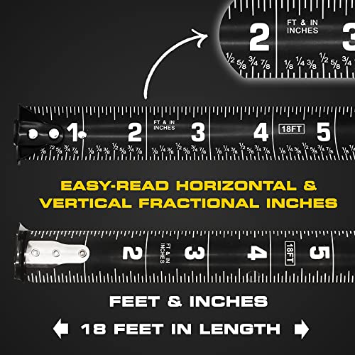 Perfect Measuring Tape - BrightLine High Contrast Dark Mode Easy Read Tape Measure for Low Light Visibility - Heavy Duty Rubber Case 18ft (Inch Fractions) Dual Sided Auto Lock Tape Measure Retractable