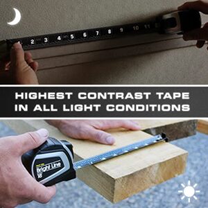 Perfect Measuring Tape - BrightLine High Contrast Dark Mode Easy Read Tape Measure for Low Light Visibility - Heavy Duty Rubber Case 18ft (Inch Fractions) Dual Sided Auto Lock Tape Measure Retractable