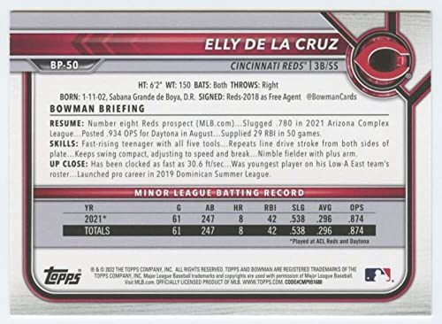 2022 Bowman Prospects #BP-50 Elly De LA Cruz 1st Bowman Cincinnati Reds MLB Baseball Trading Card