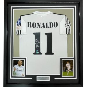 framed autographed/signed ronaldo nazario 33x42 real madrid white soccer jersey beckett bas coa