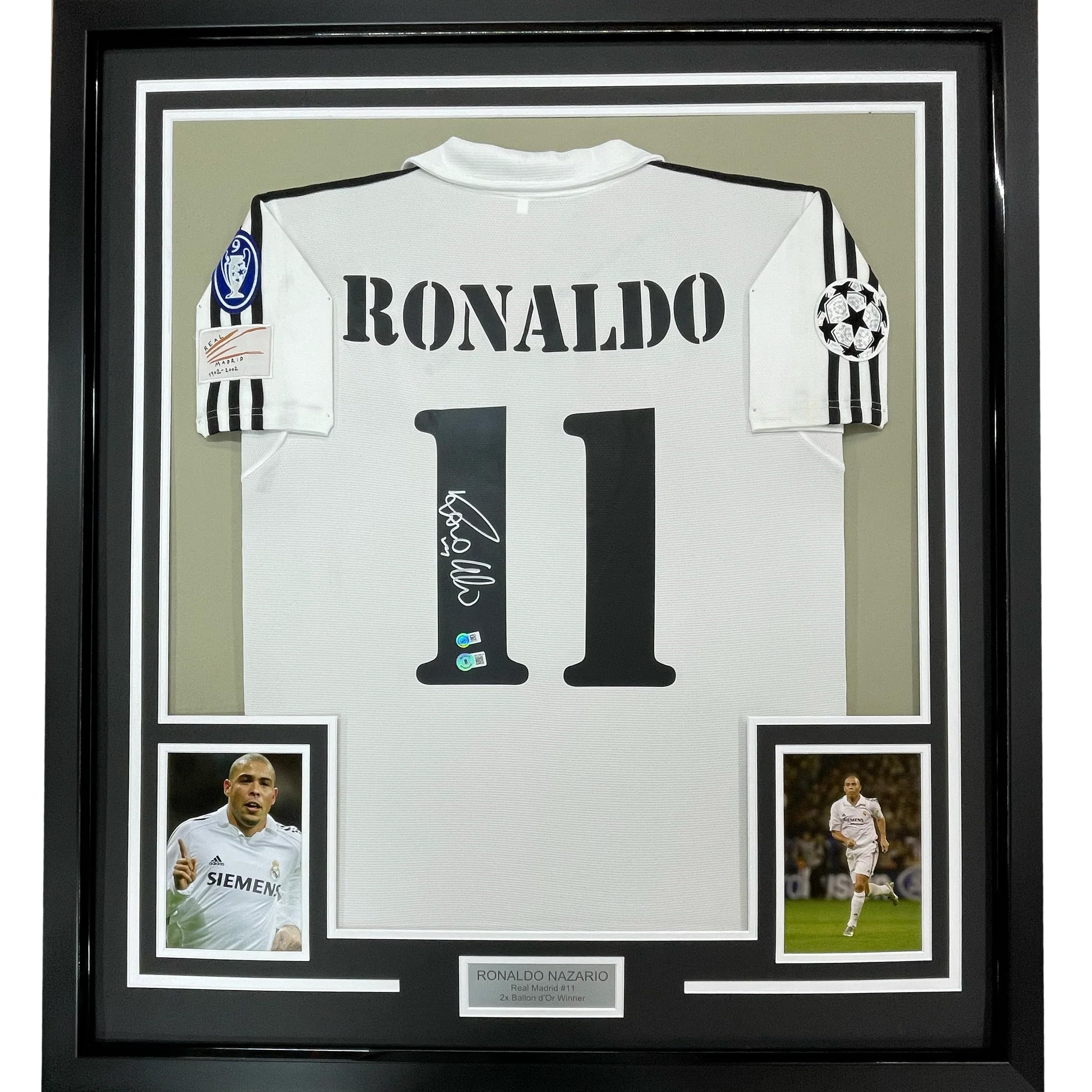 Framed Autographed/Signed Ronaldo Nazario 33x42 Real Madrid White Soccer Jersey Beckett BAS COA