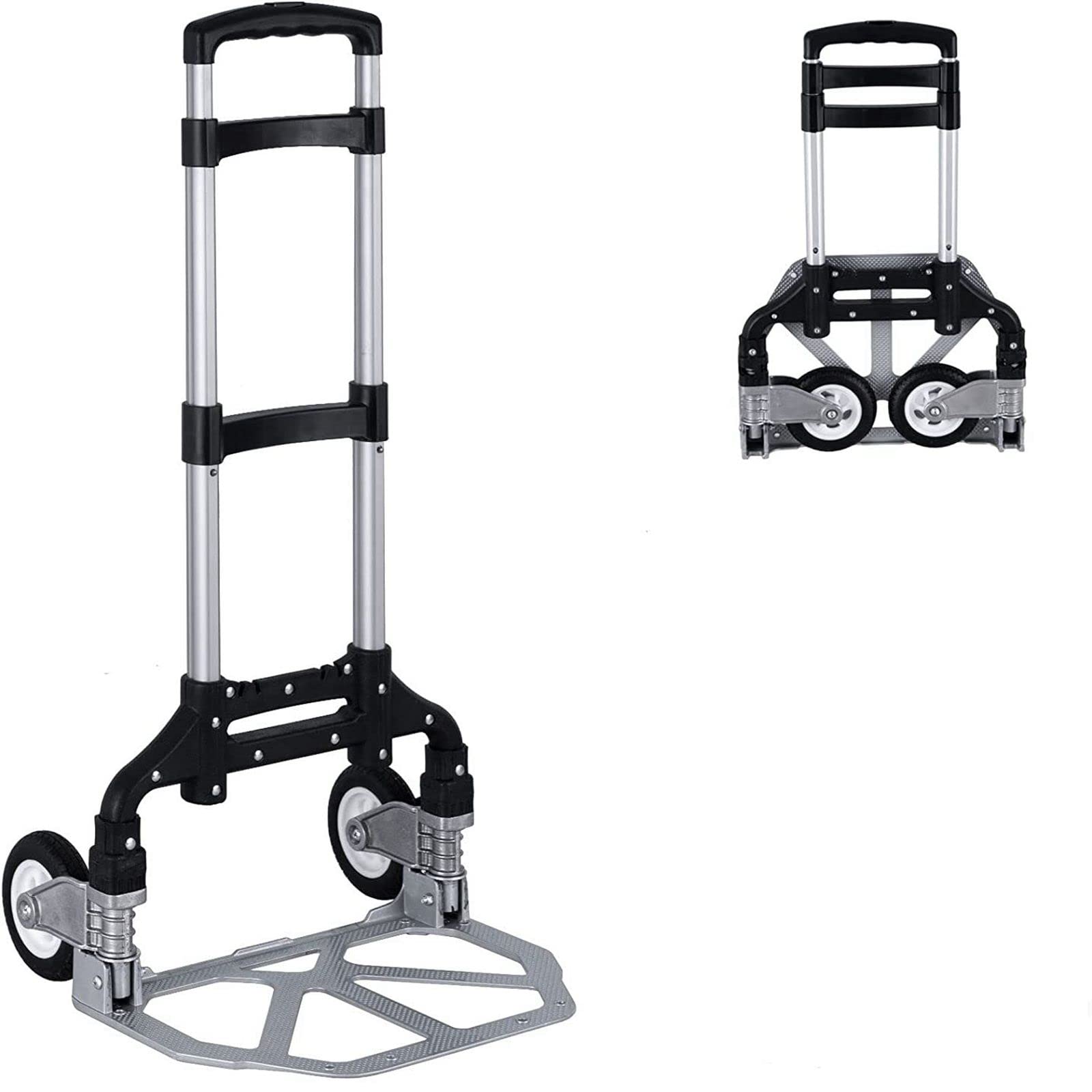 Foldable Hand Truck Dolly Aluminum Folding Hand Cart Luggage Trolley Cart Max 175lbs Capacity Dolly Cart, with Telescoping Handle and Rubber Wheels, Double Bearings