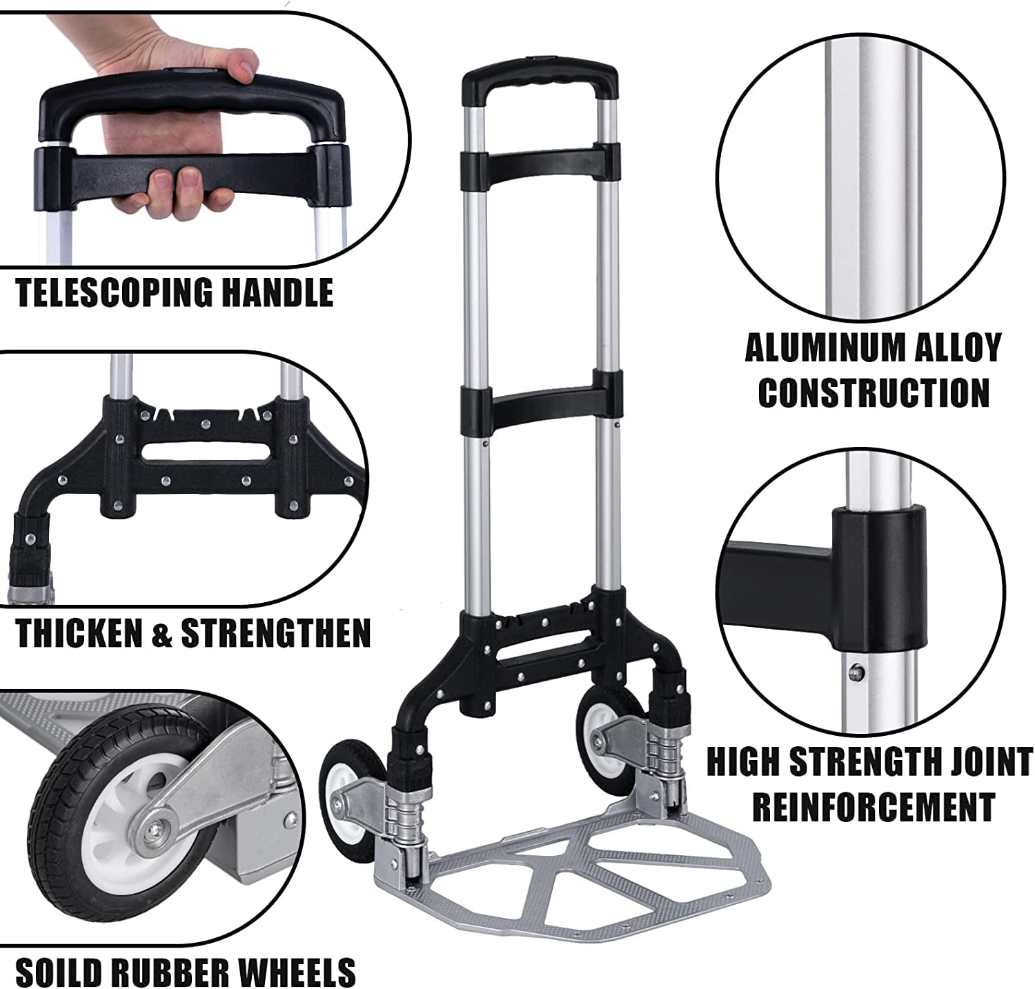 Foldable Hand Truck Dolly Aluminum Folding Hand Cart Luggage Trolley Cart Max 175lbs Capacity Dolly Cart, with Telescoping Handle and Rubber Wheels, Double Bearings