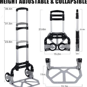 Foldable Hand Truck Dolly Aluminum Folding Hand Cart Luggage Trolley Cart Max 175lbs Capacity Dolly Cart, with Telescoping Handle and Rubber Wheels, Double Bearings