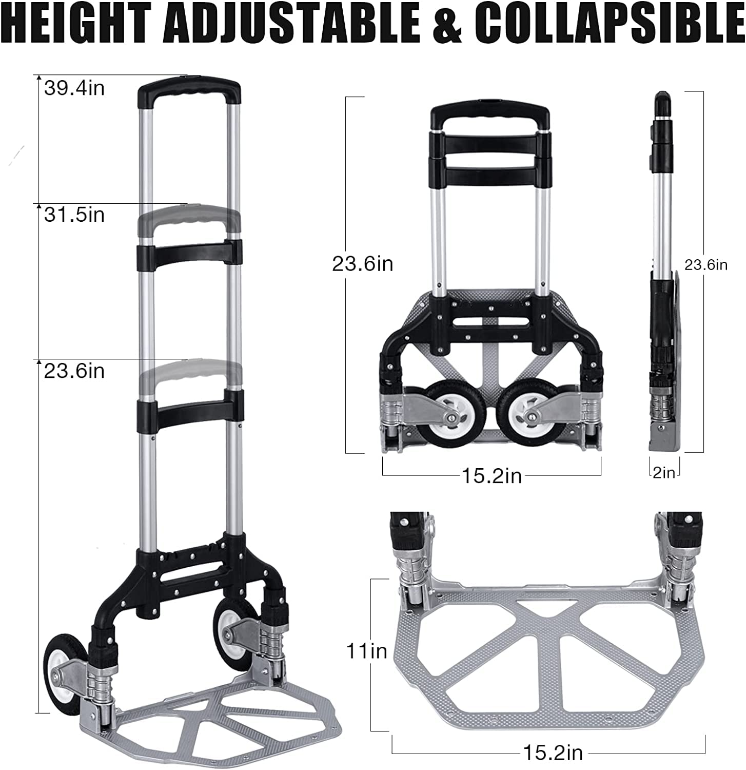 Foldable Hand Truck Dolly Aluminum Folding Hand Cart Luggage Trolley Cart Max 175lbs Capacity Dolly Cart, with Telescoping Handle and Rubber Wheels, Double Bearings