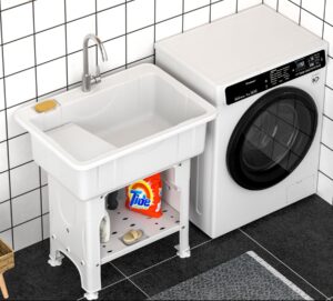 freestanding plastic laundry sink with washboard, w31" x d22" x h31.5" indoor and outdoor utility sink with cold and hot water faucet, hoses and drain kit for laundry room, garage, basement, garden