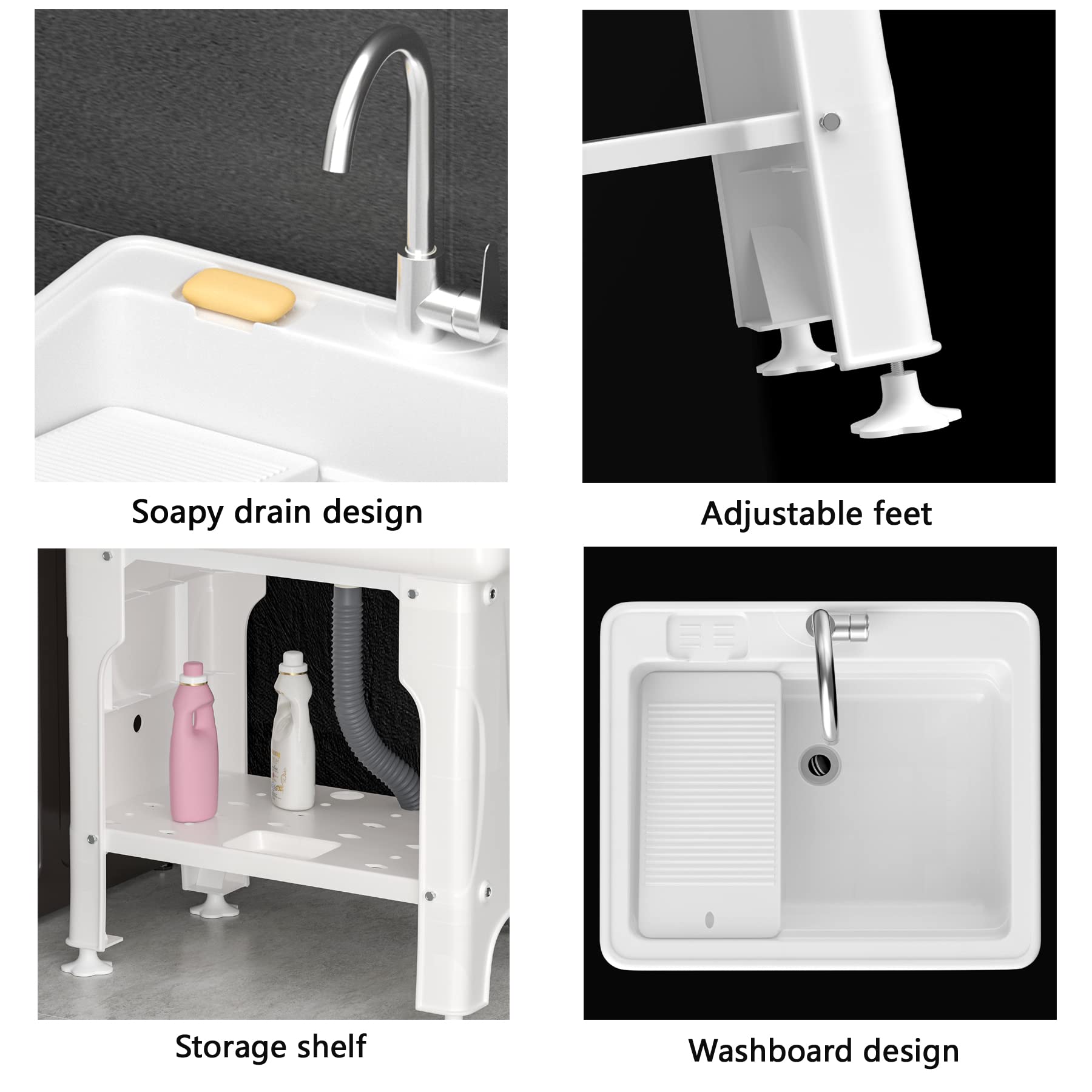 Freestanding Plastic Laundry Sink with Washboard, W25.4" x D22" x H31.5" Indoor and Outdoor Utility Sink with Cold and Hot Water Faucet, Hoses and Drain Kit for Laundry Room, Garage, Basement, Garden