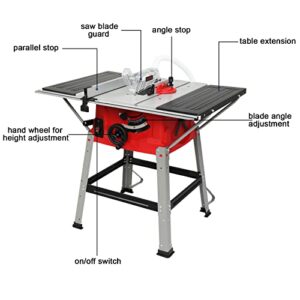 TUFFIOM 10inch Table Saw w/Port for Connecting Dust Collector, Portable Benchtop Table Saw w/ 60T Blade, Stand & Push Stick, 5000RPM, Adjustable Blade Height, 90°Cross Cut & 0-45°Bevel Cut