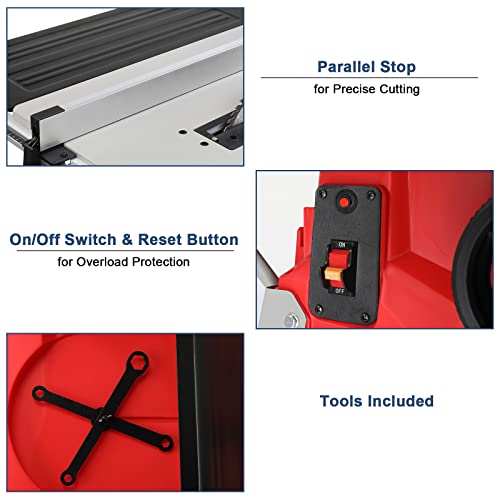 TUFFIOM 10inch Table Saw w/Port for Connecting Dust Collector, Portable Benchtop Table Saw w/ 60T Blade, Stand & Push Stick, 5000RPM, Adjustable Blade Height, 90°Cross Cut & 0-45°Bevel Cut