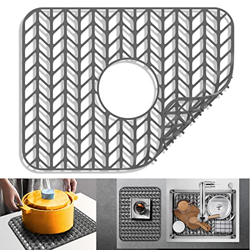 Silicone sink mat protectors for Kitchen 16.4''x 12.5''.JIUBAR Kitchen Sink Protector Grid for Farmhouse Stainless Steel accessory with Center Drain.(Grey)