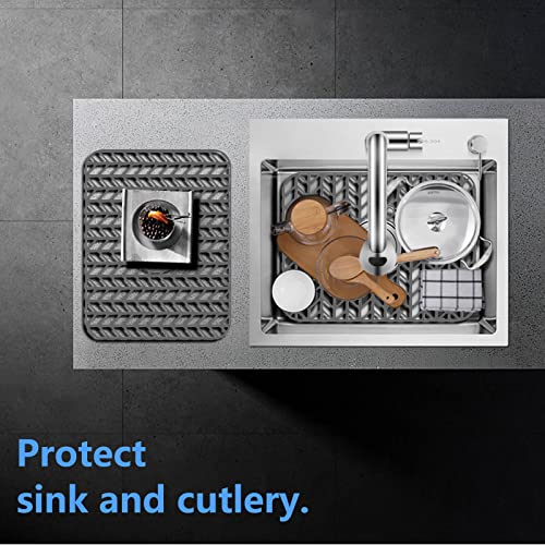 Silicone sink mat protectors for Kitchen 16.4''x 12.5''.JIUBAR Kitchen Sink Protector Grid for Farmhouse Stainless Steel accessory with Center Drain.(Grey)