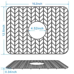 Silicone sink mat protectors for Kitchen 16.4''x 12.5''.JIUBAR Kitchen Sink Protector Grid for Farmhouse Stainless Steel accessory with Center Drain.(Grey)
