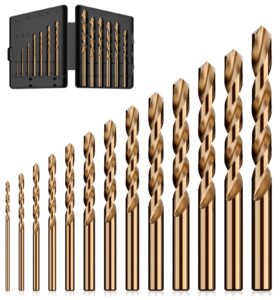 macxcoip cobalt drill bit set, 13pcs m35 high speed steel jobber length drill bit kit for hardened metal, stainless steel, cast iron, wood and plastic, with index storage case, 1/16"-1/4"