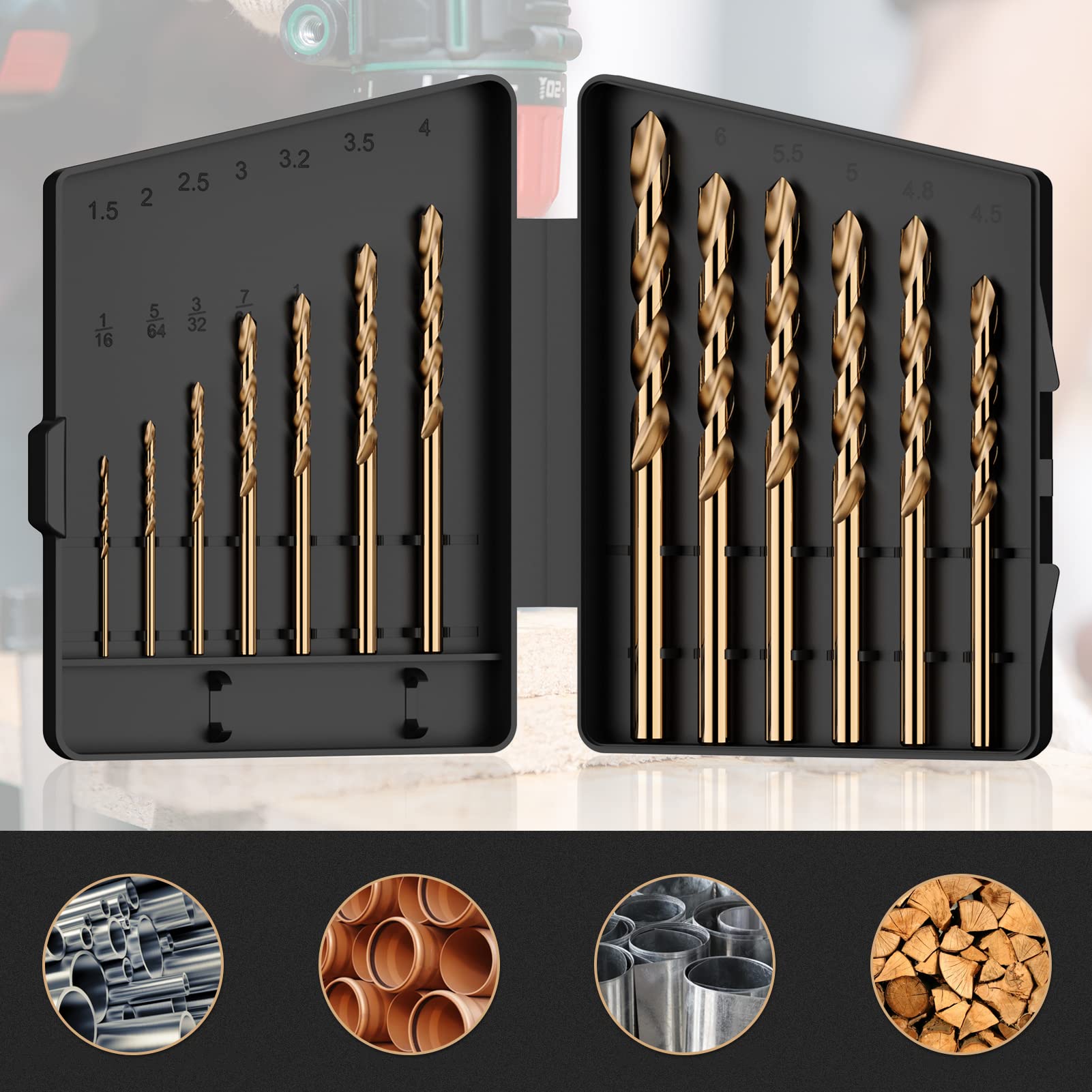 MACXCOIP Cobalt Drill Bit Set, 13Pcs M35 High Speed Steel Jobber Length Drill Bit Kit for Hardened Metal, Stainless Steel, Cast Iron, Wood and Plastic, with Index Storage Case, 1/16"-1/4"