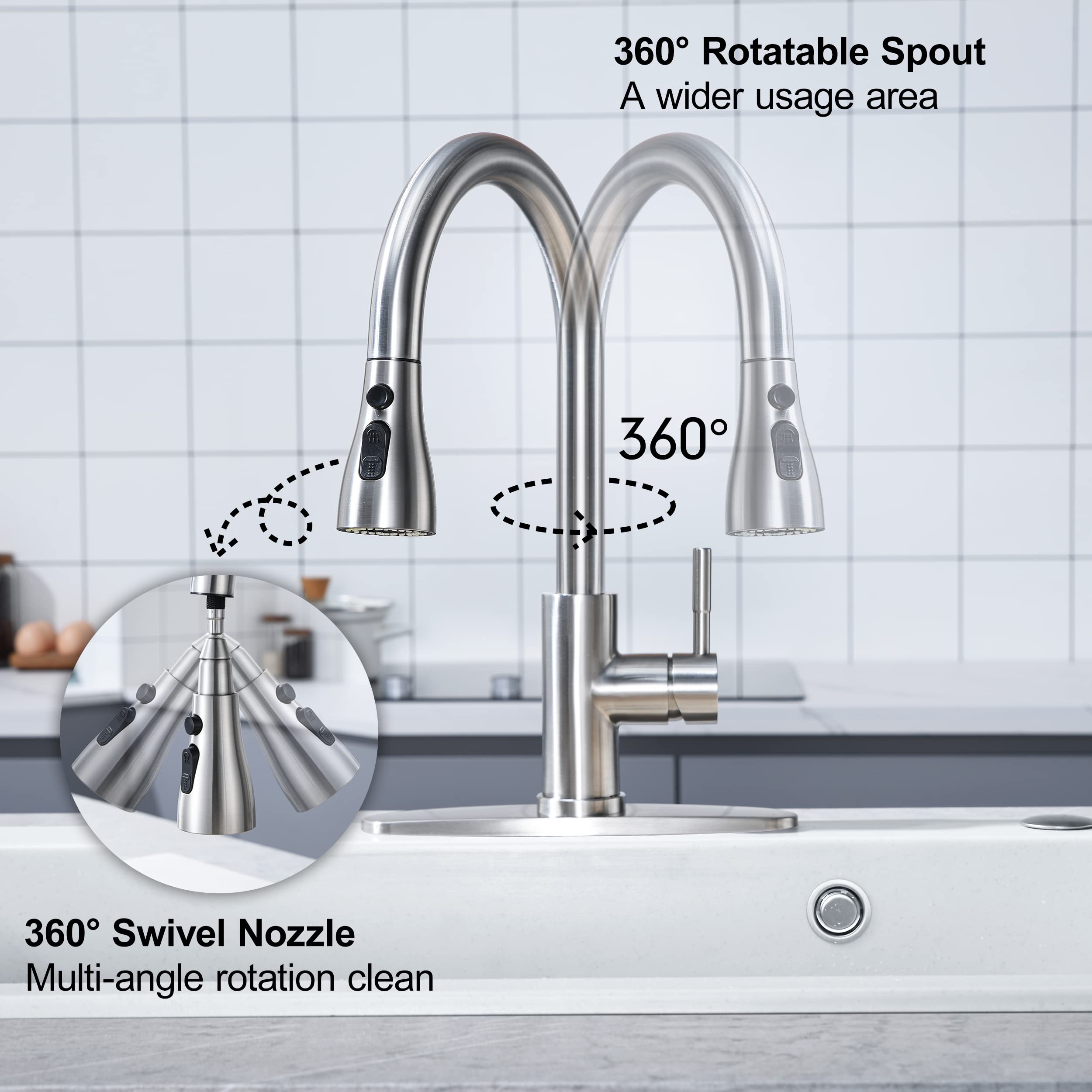 GAGALIFE Brushed Nickel Kitchen Faucet with Pull Down Sprayer - High Arc Stainless Steel Kitchen Sink Faucet, 3-Function Pull Out Kitchen Faucet, Single Hole Single Handle Sink Faucet, Modern Faucets