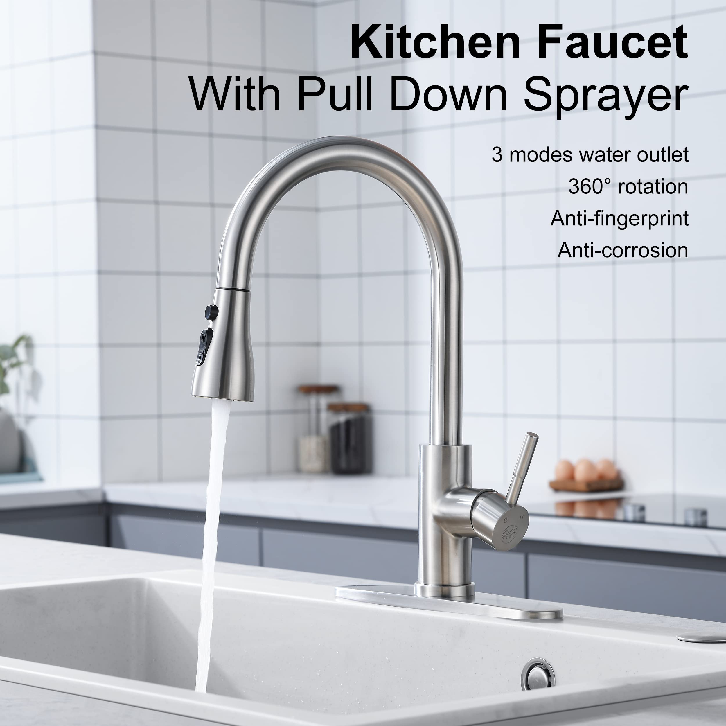 GAGALIFE Brushed Nickel Kitchen Faucet with Pull Down Sprayer - High Arc Stainless Steel Kitchen Sink Faucet, 3-Function Pull Out Kitchen Faucet, Single Hole Single Handle Sink Faucet, Modern Faucets