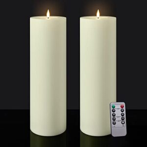large flameless led candles outdoor: 12" x 4" battery operated pillar candles flickering with timer waterproof fake electric candles with remote for patio porch lanterns (ivory set of 2)