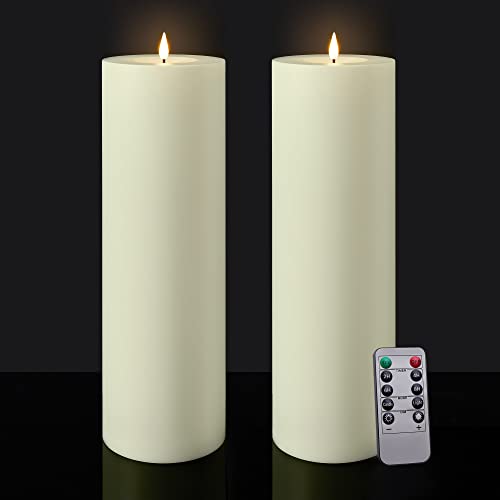 Large Flameless LED Candles Outdoor: 12" x 4" Battery Operated Pillar Candles Flickering with Timer Waterproof Fake Electric Candles with Remote for Patio Porch Lanterns (Ivory Set of 2)