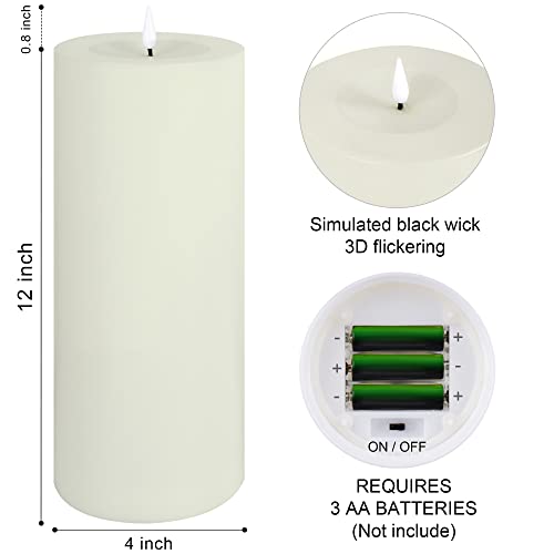 Large Flameless LED Candles Outdoor: 12" x 4" Battery Operated Pillar Candles Flickering with Timer Waterproof Fake Electric Candles with Remote for Patio Porch Lanterns (Ivory Set of 2)