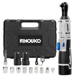 ninouko cordless electric ratchet wrench set, 3/8" 12v power ratchet driver, 400 rpm 40 ft-lbs battery ratchet with 8 sockets & 2-pack 2.0ah battery