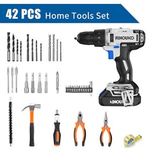 NINOUKO Cordless Power Drill, 20V Electric Impact Drill Driver Set with Battery and Fast Charger, 2 Variable Speed, 23+1+1 Torque Setting, MAX 300 In-lbs, LED and 42pcs Drill Bits Set