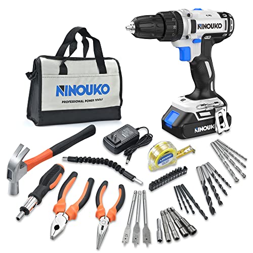 NINOUKO Cordless Power Drill, 20V Electric Impact Drill Driver Set with Battery and Fast Charger, 2 Variable Speed, 23+1+1 Torque Setting, MAX 300 In-lbs, LED and 42pcs Drill Bits Set