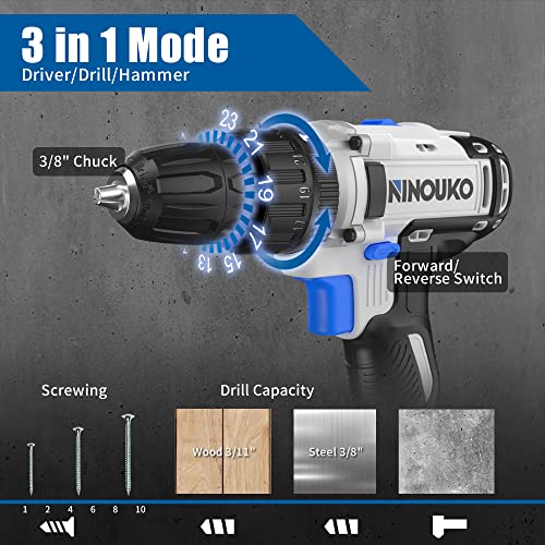 NINOUKO Cordless Power Drill, 20V Electric Impact Drill Driver Set with Battery and Fast Charger, 2 Variable Speed, 23+1+1 Torque Setting, MAX 300 In-lbs, LED and 42pcs Drill Bits Set