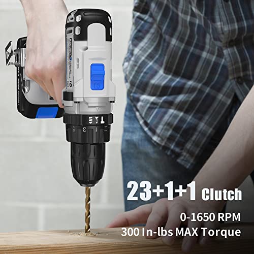 NINOUKO Cordless Power Drill, 20V Electric Impact Drill Driver Set with Battery and Fast Charger, 2 Variable Speed, 23+1+1 Torque Setting, MAX 300 In-lbs, LED and 42pcs Drill Bits Set