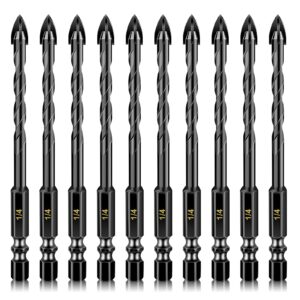 10 pack 1/4" concrete drill bits, masonry drill bit set, 6mm tungsten carbide drill bit set for tile/ceramic/glass/mirror/brick/plastic/cement, 1/4" quick change hex shank, in carrying case