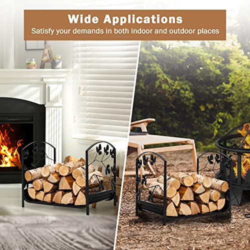 Goplus 19” Small Firewood Rack, Indoor and Outdoor Decorative Firewood Storage Carrier Log Rack with Elegant Leaf Patterns & Raised Legs, Heavy Duty Firewood Holder for Fireplace, Fire Pit