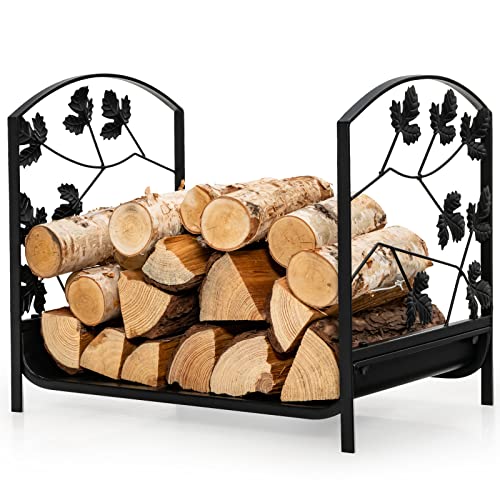 Goplus 19” Small Firewood Rack, Indoor and Outdoor Decorative Firewood Storage Carrier Log Rack with Elegant Leaf Patterns & Raised Legs, Heavy Duty Firewood Holder for Fireplace, Fire Pit