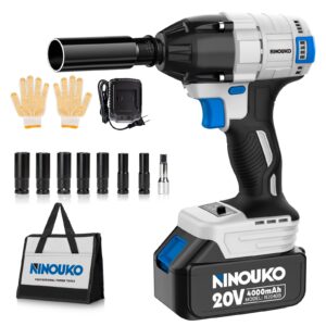 ninouko cordless impact wrench 1/2 inch, 20v electric impact gun 400n.m brushless impact wrench driver kit 3000 rpm variable speed, high torque, with 4.0ah battery & fast charger, impact sockets