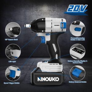 NINOUKO Cordless Impact Wrench 1/2 inch, 20V Electric Impact Gun 400N.m Brushless Impact Wrench Driver Kit 3000 RPM Variable Speed, High Torque, with 4.0Ah Battery & Fast Charger, Impact Sockets