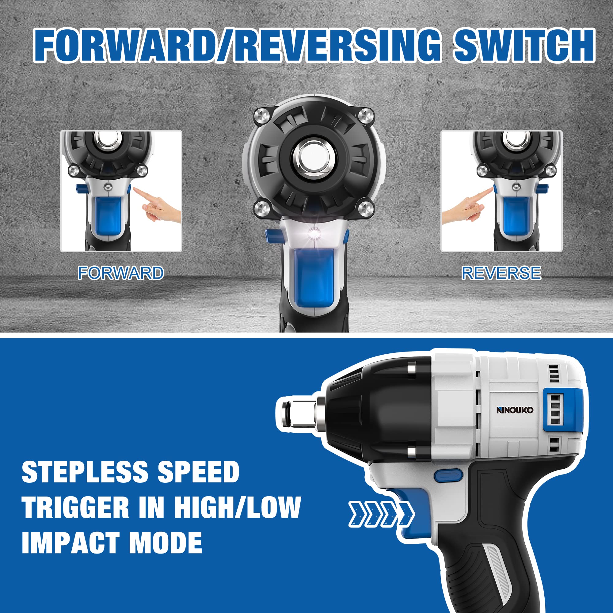 NINOUKO Cordless Impact Wrench 1/2 inch, 20V Electric Impact Gun 400N.m Brushless Impact Wrench Driver Kit 3000 RPM Variable Speed, High Torque, with 4.0Ah Battery & Fast Charger, Impact Sockets