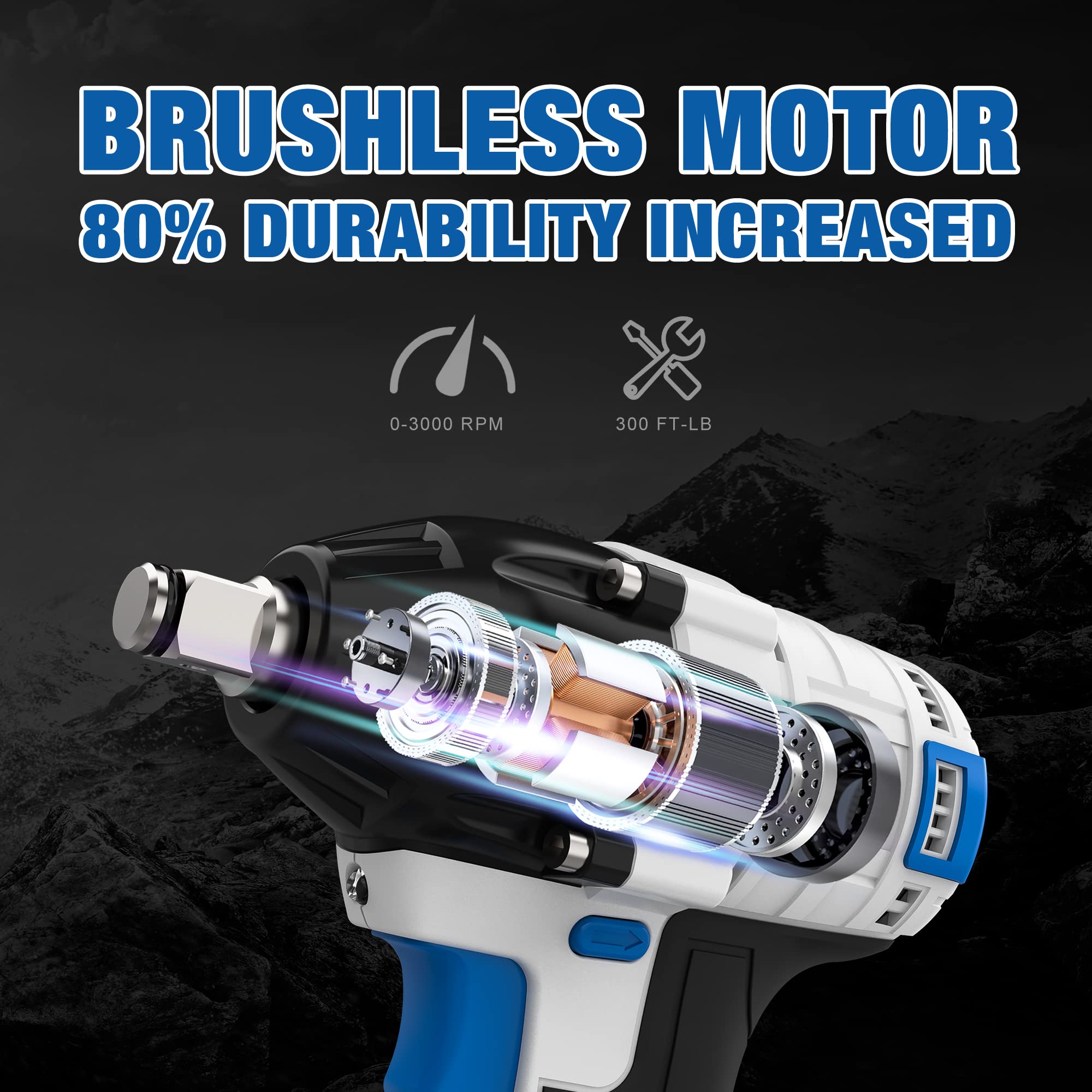 NINOUKO Cordless Impact Wrench 1/2 inch, 20V Electric Impact Gun 400N.m Brushless Impact Wrench Driver Kit 3000 RPM Variable Speed, High Torque, with 4.0Ah Battery & Fast Charger, Impact Sockets