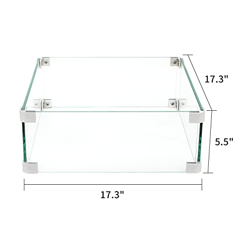 COSIEST Glass Wind Guard, Square, Tempered Glass for Outdoor Fire Pit, 17.3x17.3x5.5 inches