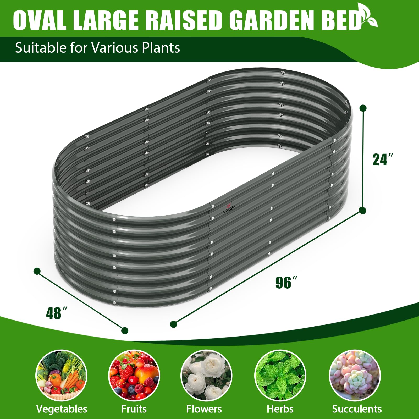 A ANLEOLIFE 8X4X2 ft Galvanized Raised Garden Beds Outdoor, Oval Large Metal Deep Root Planter Box for Planting Vegetables Flowers Herb, Anti-Rust & Easy-Setup, Quartz Grey