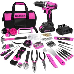 thinklearn tool kit with 20v cordless drill(265in-lbs), pink drill set for women, lady's home tool kit for diy, daily repair tool set as a creative gift with a large-capacity tool storage bag