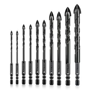 masonry concrete drill bit set, lytool 10pcs ceramic tile bits for drill, carbide tip hex shank bit for brick, tile, wood, glass, plastic, wall mirror, paver on concrete or brick wall, 1/8" to 1/2"