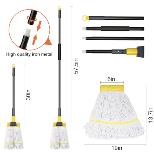 Commercial Mop Heavy Duty Industrial Mop with Long Handle,60" Looped-End String Wet Cotton Mops for Floor Cleaning,Home,Kitchen,Office,Garage and Concrete/Tile Floor