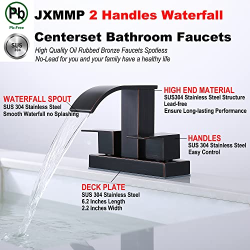 JXMMP 4 inch Centerset Bathroom Faucet, Stainless Steel 2 Handle Oil Rubbed Bronze Waterfall Bathroom Faucet for Sink with Pop Up Drain and Supply Lines, Modern Bathroom Faucets