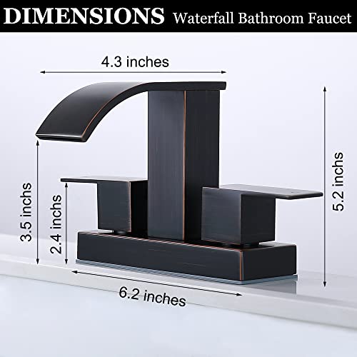 JXMMP 4 inch Centerset Bathroom Faucet, Stainless Steel 2 Handle Oil Rubbed Bronze Waterfall Bathroom Faucet for Sink with Pop Up Drain and Supply Lines, Modern Bathroom Faucets