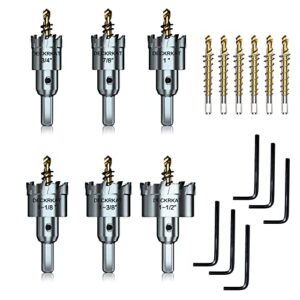 6-pc tct hole saw kit, tungsten carbide tipped hole saws heavy duty for stainless steel metal, bit size 3/4” 7/8” 1” 1-1/8” 1-3/8” 1-1/2”, with 6 extra pilot drill bits in separate storage cases