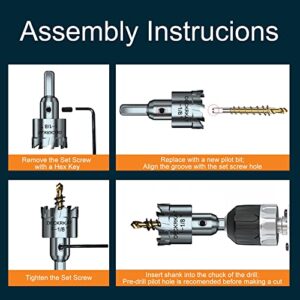 6-pc TCT Hole Saw Kit, Tungsten Carbide Tipped Hole Saws Heavy Duty for Stainless Steel Metal, Bit Size 3/4” 7/8” 1” 1-1/8” 1-3/8” 1-1/2”, with 6 Extra Pilot Drill Bits in Separate Storage Cases